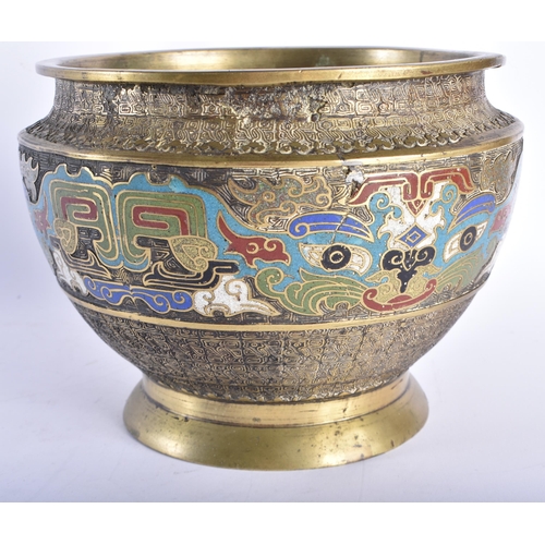 556 - A 19TH CENTURY CHINESE BRONZE AND CHAMPLEVE ENAMEL JARDINIERE Late Qing, decorated with taotie mask ... 