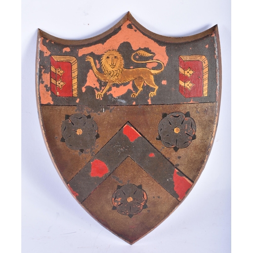 559 - AN UNUSUAL ANTIQUE ENGLISH STONEWARE MEAT POT AND COVER together with a painted armorial tin shield.... 