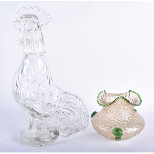 561 - A STYLISH ART NOUVEAU LOETZ STYLE GLASS VASE together with a large novelty glass cockerel decanter a... 