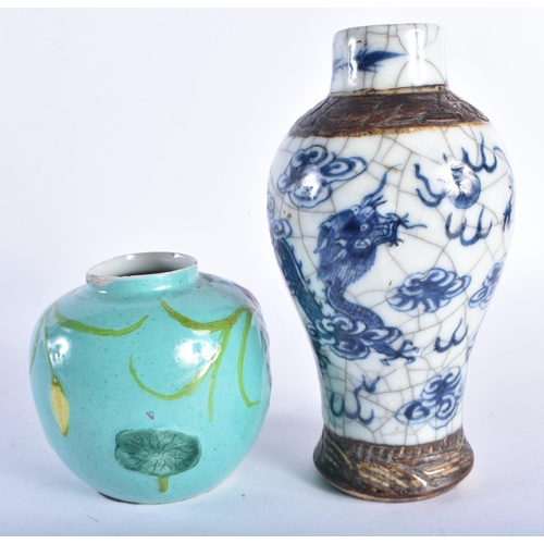 565 - A 19TH CENTURY CHINESE BLUE AND WHITE CRACKLE GLAZED VASE together with a smaller turquoise glazed j... 