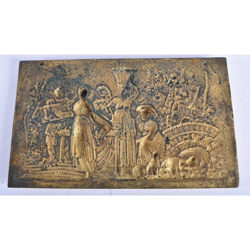 566 - A MID 19TH CENTURY FRENCH GILT BRONZE REPOUSSE PANEL depicting figures within a landscape. 16.5 cm x... 