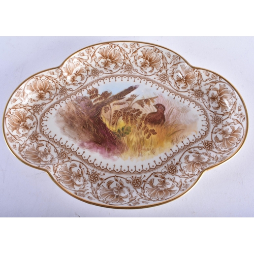 568 - A PAIR OF ROYAL WORCESTER GAME BIRD PORCELAIN PIN TRAYS. 15.5 cm x 11.5 cm.