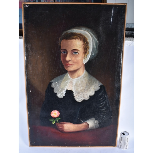 591 - American School (19th Century) Oil on canvas, Girl in lace holding a flower. 94 cm x 56 cm.