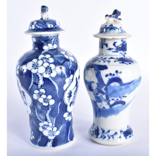 592 - TWO 19TH CENTURY CHINESE BLUE AND WHITE PORCELAIN VASES AND COVERS Qing. Largest 17 cm high. (2)