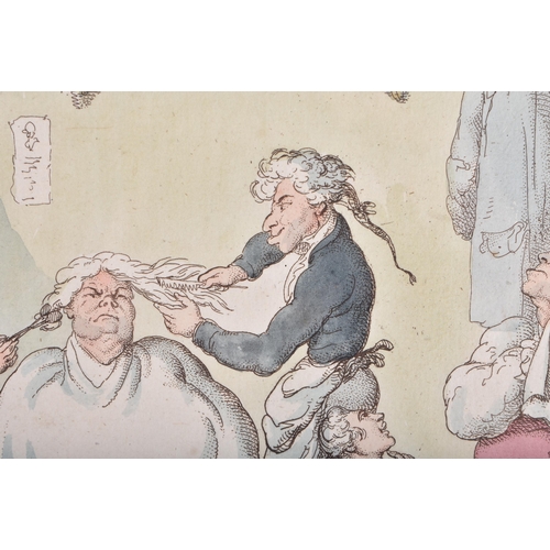 598 - AN EARLY 19TH CENTURY FRAMED ETCHING by Rowlandson, entitled A Barber Shop. 42 cm x 32 cm.