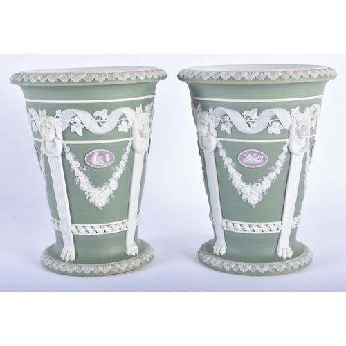 61 - A LOVELY PAIR OF 19TH CENTURY WEDGWOOD TRICOLOR JASPERWARE VASES decorated in relief with lion mask ... 