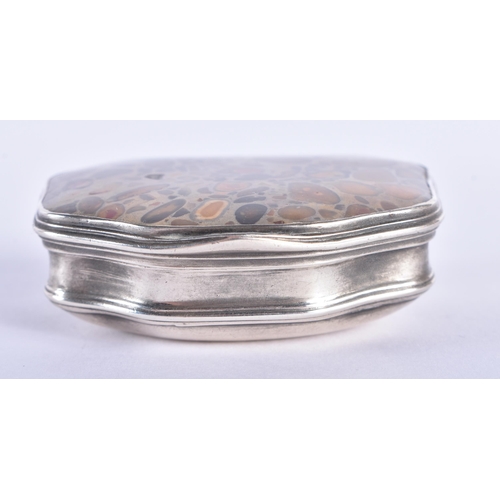 64 - A GEORGE III SILVER AND PUDDINGSTONE SNUFF BOX. 52 grams. 6 cm x 4.5 cm.