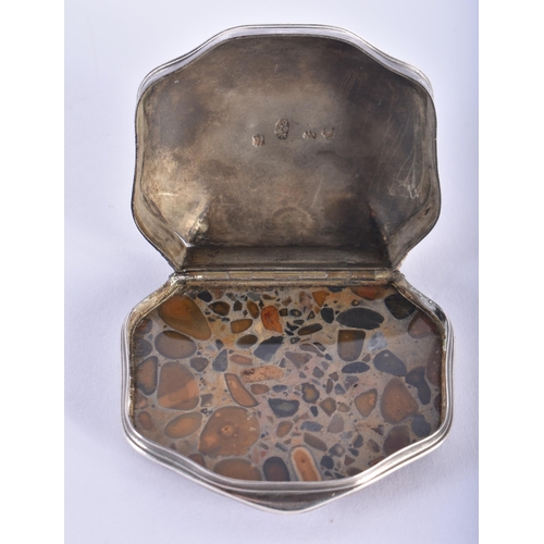 64 - A GEORGE III SILVER AND PUDDINGSTONE SNUFF BOX. 52 grams. 6 cm x 4.5 cm.