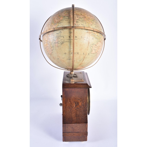 70 - AN ANTIQUE THWAITES OF LONDON GLOBE CLOCK formed within a brass casing, over an oak case containing ... 