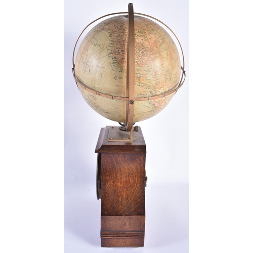 70 - AN ANTIQUE THWAITES OF LONDON GLOBE CLOCK formed within a brass casing, over an oak case containing ... 