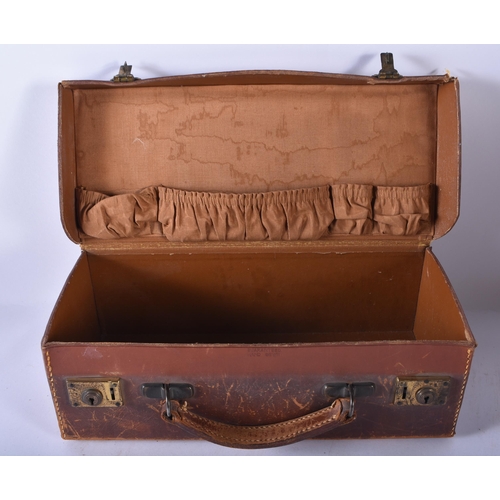 80 - AN ANTIQUE ENGLISH CROCODILE SKIN JEWELLERY BOX together with three leather cases & a cased gaming s... 