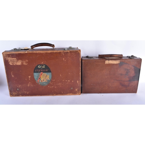 80 - AN ANTIQUE ENGLISH CROCODILE SKIN JEWELLERY BOX together with three leather cases & a cased gaming s... 