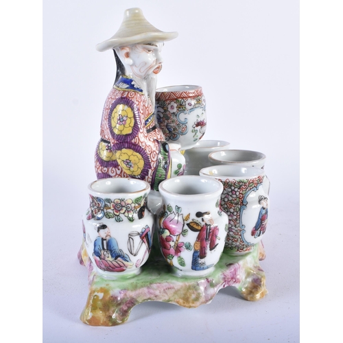 1000 - A VERY RARE 19TH CENTURY EUROPEAN FAMILLE ROSE PORCELAIN FIGURE OF A VASE SELLER modelled in the Chi... 