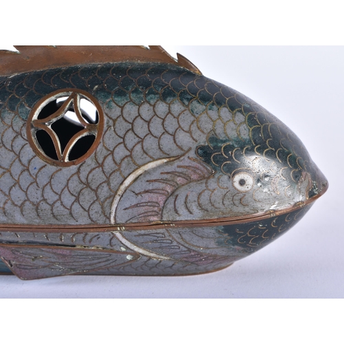 1002 - A RARE 19TH CENTURY CHINESE CLOISONNE ENAMEL FISH INCENSE BURNER AND COVER Qing. 19 cm wide.