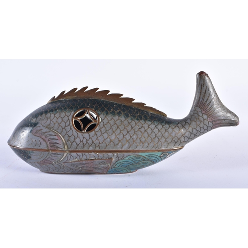 1002 - A RARE 19TH CENTURY CHINESE CLOISONNE ENAMEL FISH INCENSE BURNER AND COVER Qing. 19 cm wide.