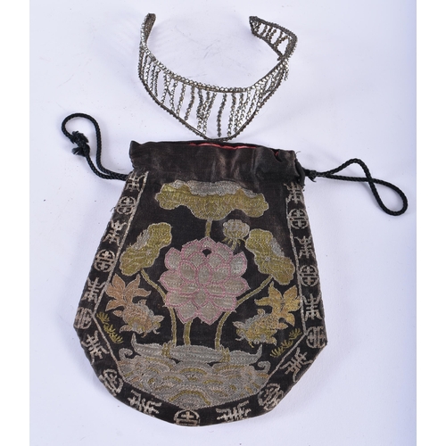 1008 - A 19TH CENTURY CHINESE KESI SILK TYPE EMBROIDERED POUCH containing an Antique paste stone tiara. Pou... 