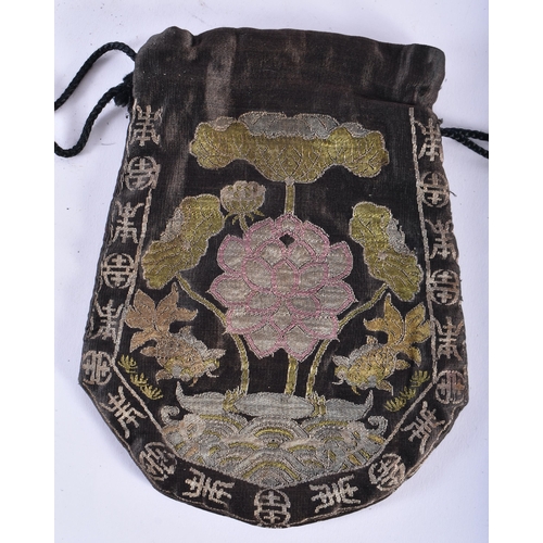 1008 - A 19TH CENTURY CHINESE KESI SILK TYPE EMBROIDERED POUCH containing an Antique paste stone tiara. Pou... 