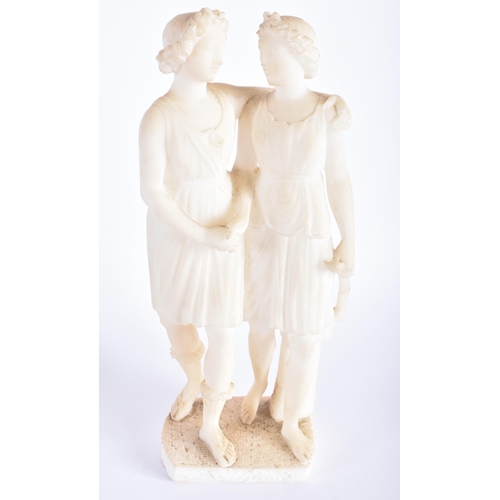 1009 - AN ANTIQUE ALABASTER FIGURE OF TWO CLASSICAL FEMALES together with a country house toleware type lan... 