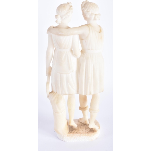 1009 - AN ANTIQUE ALABASTER FIGURE OF TWO CLASSICAL FEMALES together with a country house toleware type lan... 