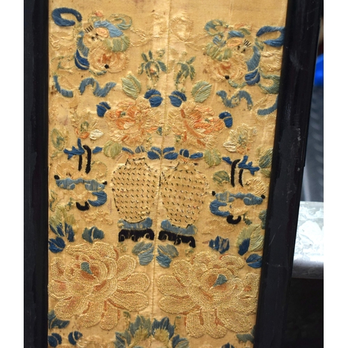 1026 - THREE CHINESE QING DYNASTY SILK EMBROIDERIES. Largest 85 cm x 22 cm. (3)