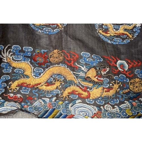 1026 - THREE CHINESE QING DYNASTY SILK EMBROIDERIES. Largest 85 cm x 22 cm. (3)