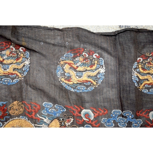 1026 - THREE CHINESE QING DYNASTY SILK EMBROIDERIES. Largest 85 cm x 22 cm. (3)