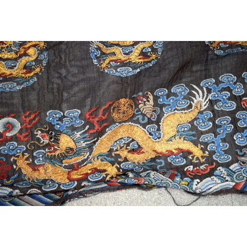 1026 - THREE CHINESE QING DYNASTY SILK EMBROIDERIES. Largest 85 cm x 22 cm. (3)