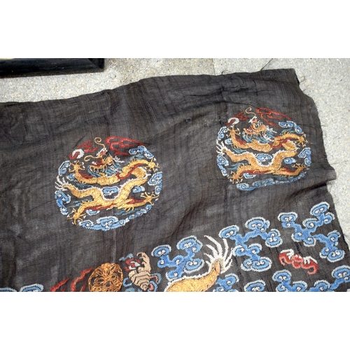 1026 - THREE CHINESE QING DYNASTY SILK EMBROIDERIES. Largest 85 cm x 22 cm. (3)