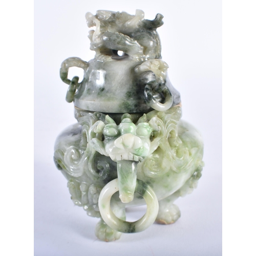 1038 - AN EARLY 20TH CENTURY CHINESE CARVED JADEITE CENSER AND COVER Late Qing/Republic. 10 cm wide.