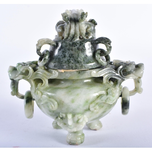 1038 - AN EARLY 20TH CENTURY CHINESE CARVED JADEITE CENSER AND COVER Late Qing/Republic. 10 cm wide.