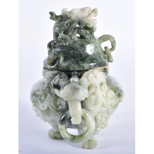 1038 - AN EARLY 20TH CENTURY CHINESE CARVED JADEITE CENSER AND COVER Late Qing/Republic. 10 cm wide.