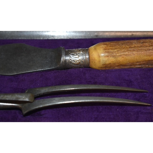 1049 - Vintage Cased Silverplate Horn Handled Carving Cutlery Set.  Knife 35cm long.  BUYERS ARE ADVISED TO... 