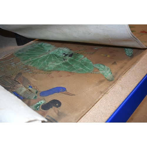 1060 - Eight Japanese Watercolour Scrolls together with Two Japanese Oil on Wood Pictures and a Folding Lac... 