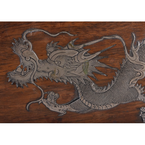 1095 - A LATE 19TH CENTURY CHINESE SILVER INLAID HARDWOOD DRAGON TABLE 58cm x 38cm x 35 cm.