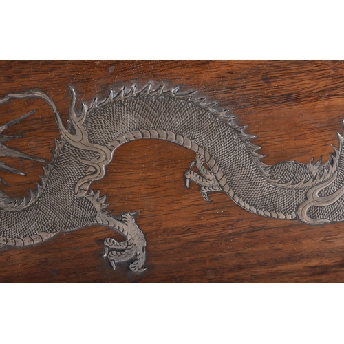 1095 - A LATE 19TH CENTURY CHINESE SILVER INLAID HARDWOOD DRAGON TABLE 58cm x 38cm x 35 cm.