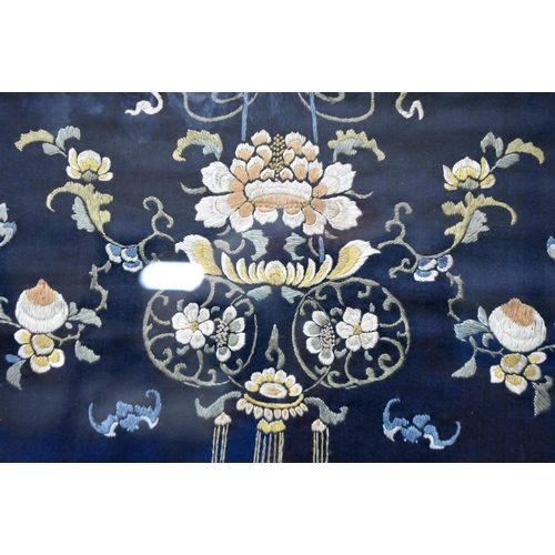 1097 - A LARGE 19TH CENTURY CHINESE SILK EMBROIDERED FLORAL ORANGE AND BLUE PANEL Qing. 95 cm x 88 cm.