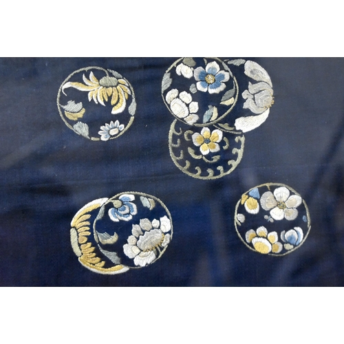 1097 - A LARGE 19TH CENTURY CHINESE SILK EMBROIDERED FLORAL ORANGE AND BLUE PANEL Qing. 95 cm x 88 cm.