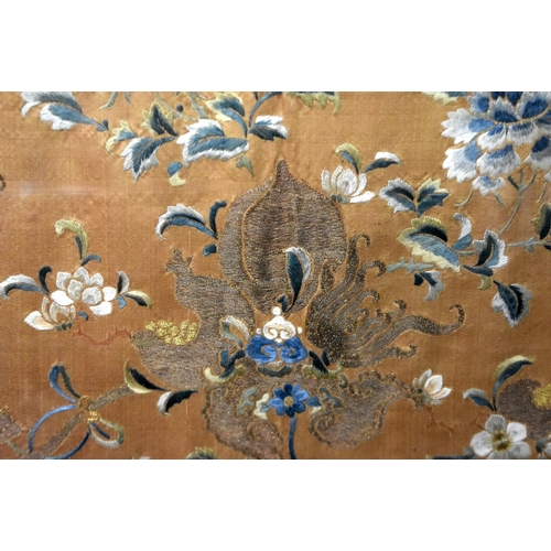 1097 - A LARGE 19TH CENTURY CHINESE SILK EMBROIDERED FLORAL ORANGE AND BLUE PANEL Qing. 95 cm x 88 cm.