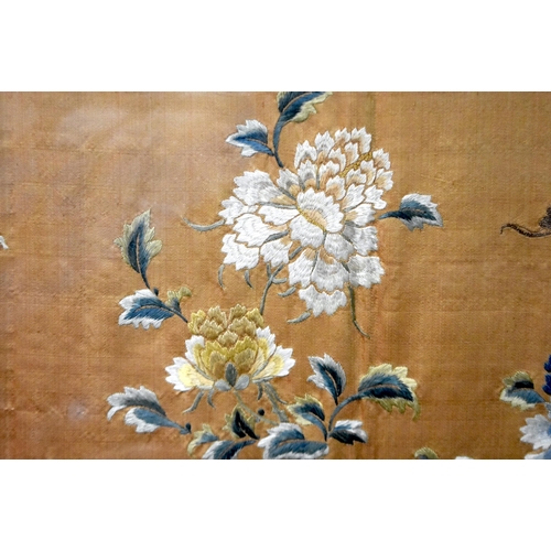 1097 - A LARGE 19TH CENTURY CHINESE SILK EMBROIDERED FLORAL ORANGE AND BLUE PANEL Qing. 95 cm x 88 cm.