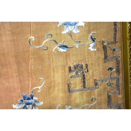 1097 - A LARGE 19TH CENTURY CHINESE SILK EMBROIDERED FLORAL ORANGE AND BLUE PANEL Qing. 95 cm x 88 cm.