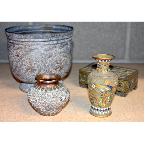 1111 - South Asian Planter, Cloisonne Vase, Filigree Box & Copper Vase (4)