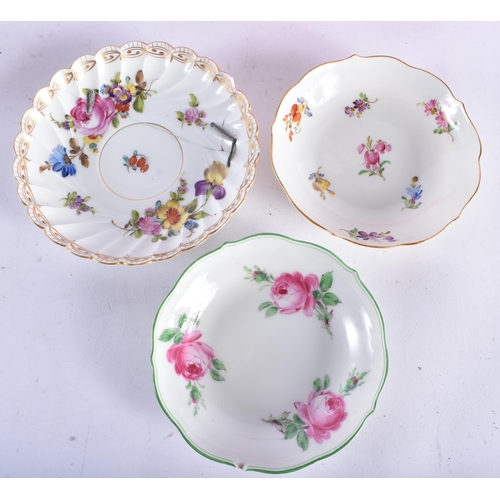 611 - TWO MEISSEN CUPS AND SAUCERS together with a dresden cup and saucer. (6)