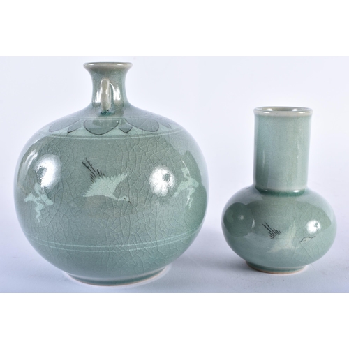 612 - TWO KOREAN CELADON POTTERY VASES. Largest 9 cm high. (2)