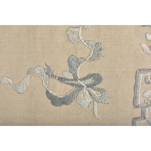 622 - A 19TH CENTURY CHINESE FRAMED AND EMBROIDERED DOUBLE BIRD PANEL Qing. 66 cm square.