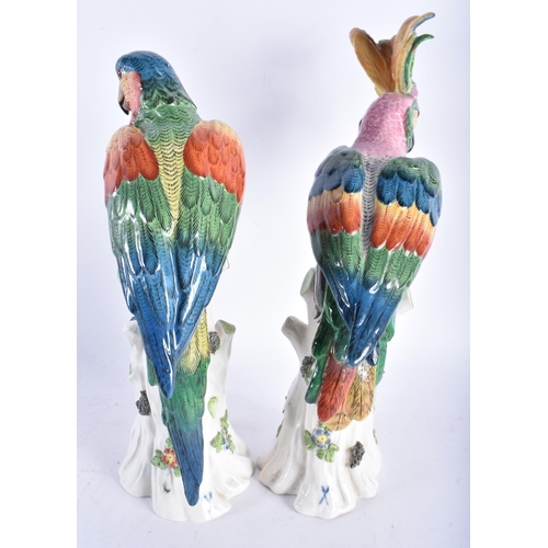 639 - A LOVELY PAIR OF 19TH CENTURY GERMAN PORCELAIN FIGURES OF PARROTS modelled with brightly coloured pl... 