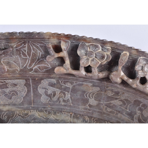 641 - A RARE 19TH CENTURY CHINESE TWIN HANDLED CARVED SOAPSTONE DRAGON DISH Qing. 35 cm x 24 cm.