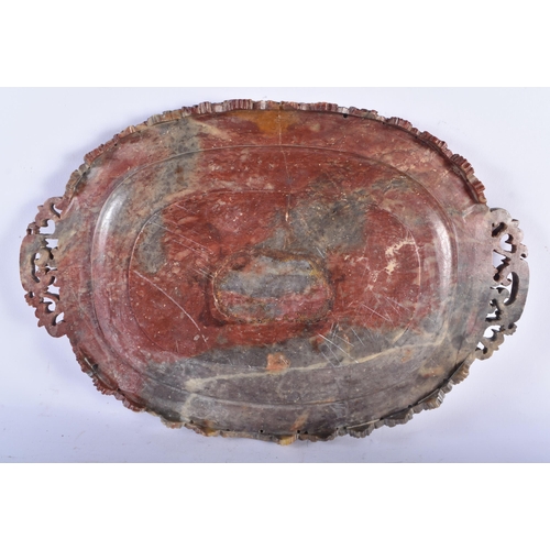 641 - A RARE 19TH CENTURY CHINESE TWIN HANDLED CARVED SOAPSTONE DRAGON DISH Qing. 35 cm x 24 cm.