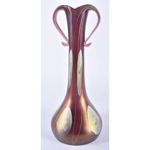 657 - A LOVELY ART GLASS ART NOUVEAU STYLE IRIDESCENT ENAMELLED GLASS VASE. 28 cm high.  WE ARE UNABLE TO ... 