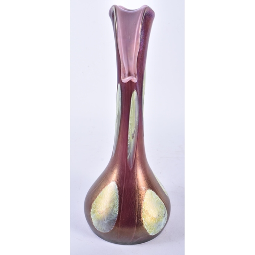 657 - A LOVELY ART GLASS ART NOUVEAU STYLE IRIDESCENT ENAMELLED GLASS VASE. 28 cm high.  WE ARE UNABLE TO ... 