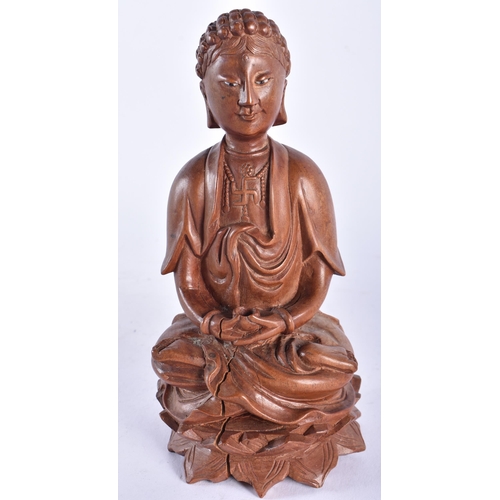 660 - A 19TH CENTURY CHINESE CARVED HARDWOOD FIGURE OF A BUDDHA together with a bamboo brush pot. Largest ... 